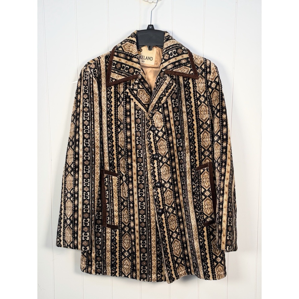 VTG Lakeland Jacket Coat Rich Chenille Geometric Tapestry Rare 70's Boho Mens 42